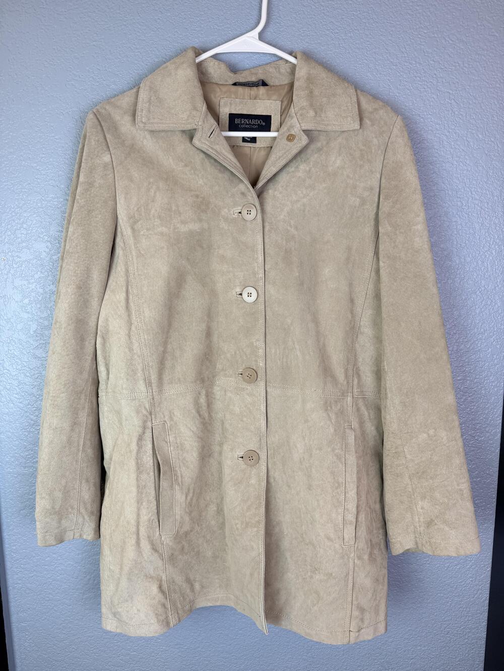 Bernardo Coat Womens Medium Beige Genuine Leather Button Front Nordstrom Lined